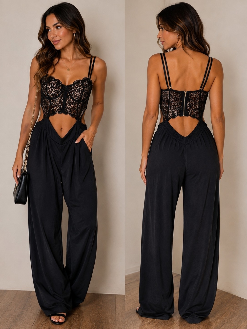 Blush Black Lace Corset Wide-Leg Jumpsuit